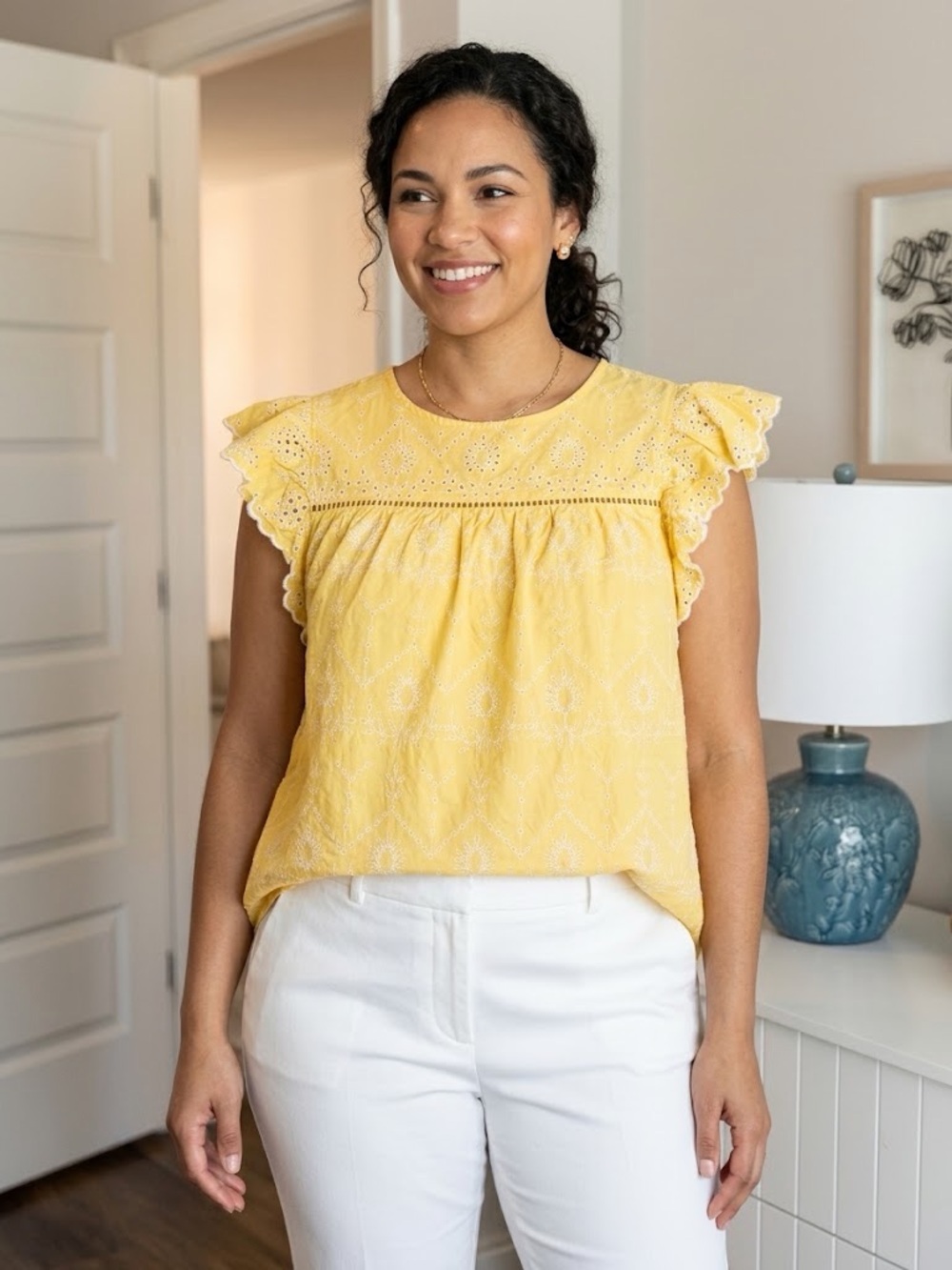 Yellow Eyelet Flutter Sleeve Women's Top